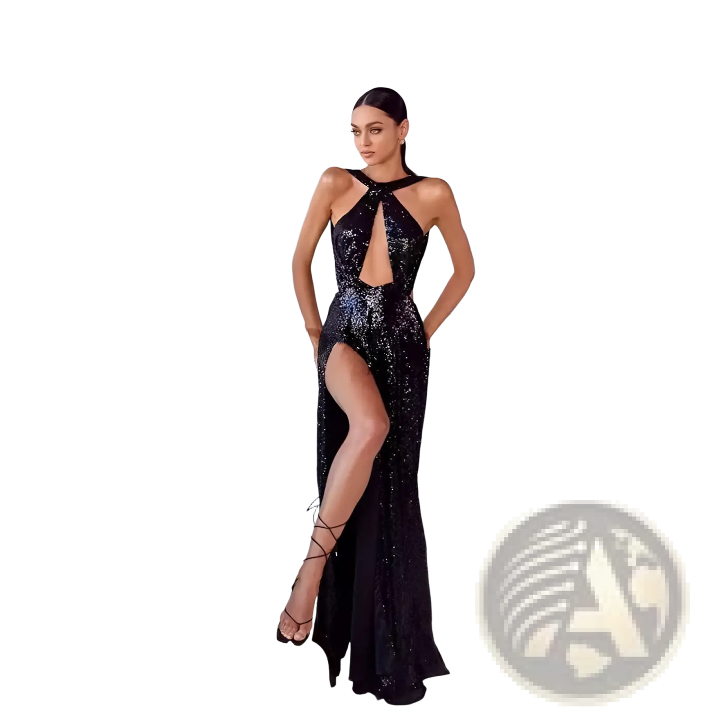 Black Sequined Halter Neck Evening Gown with High Slit