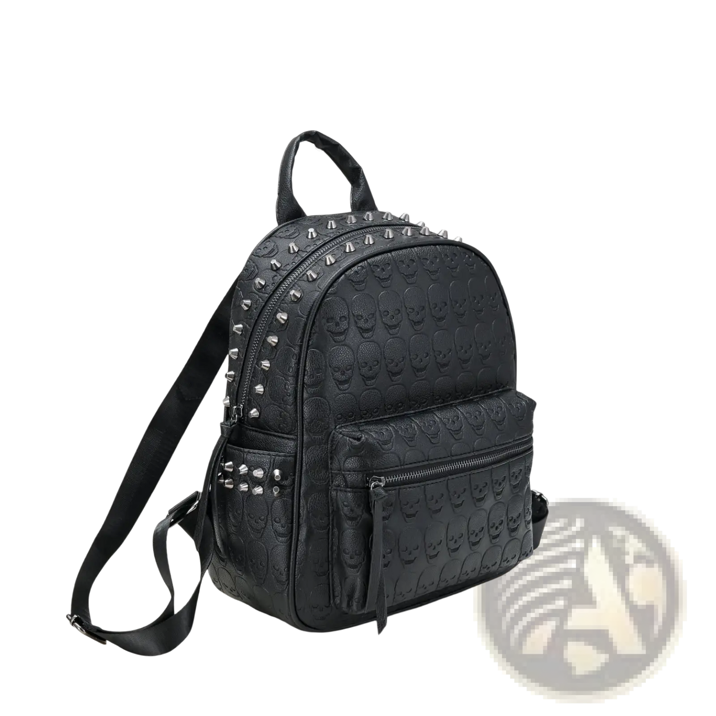 Black Studded Skull Leather Commute Backpack