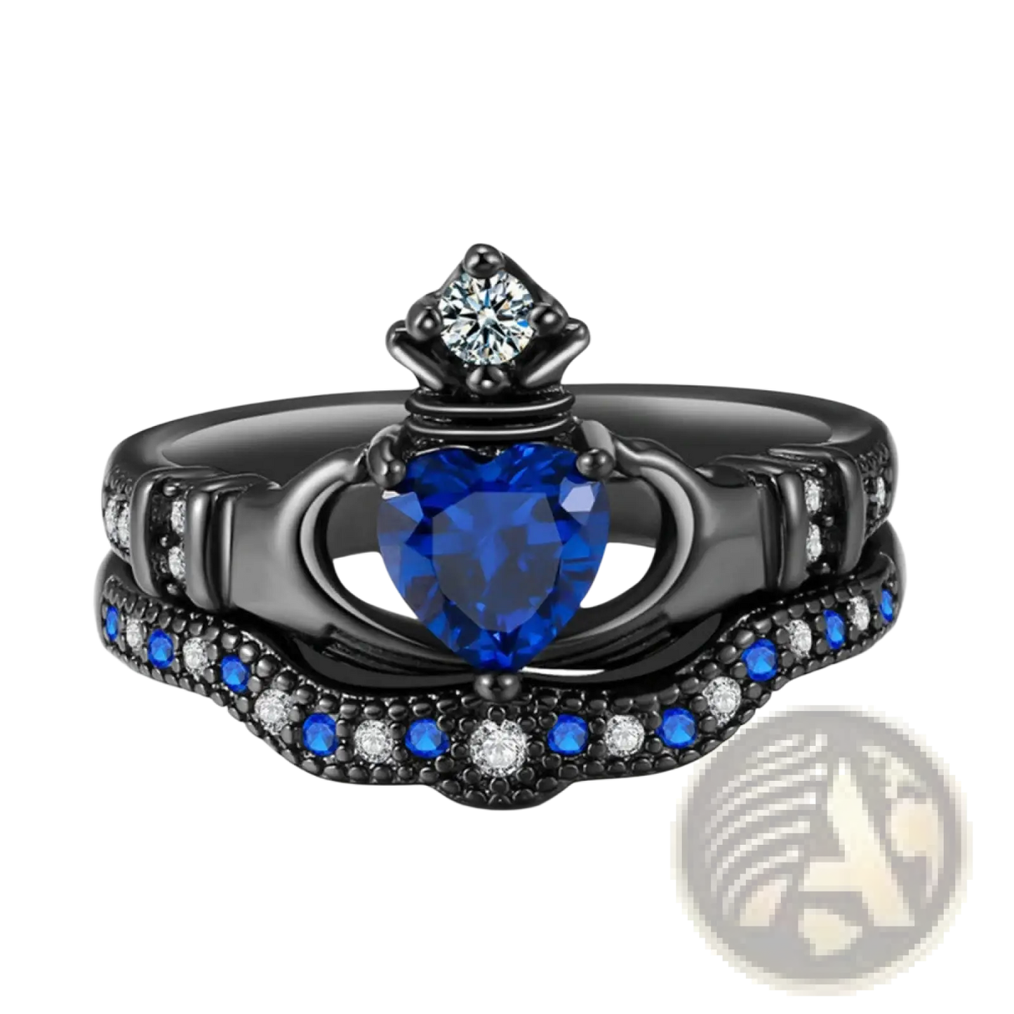 Black Titanium Blue Heart Sapphire Claddagh Wedding Ring Set