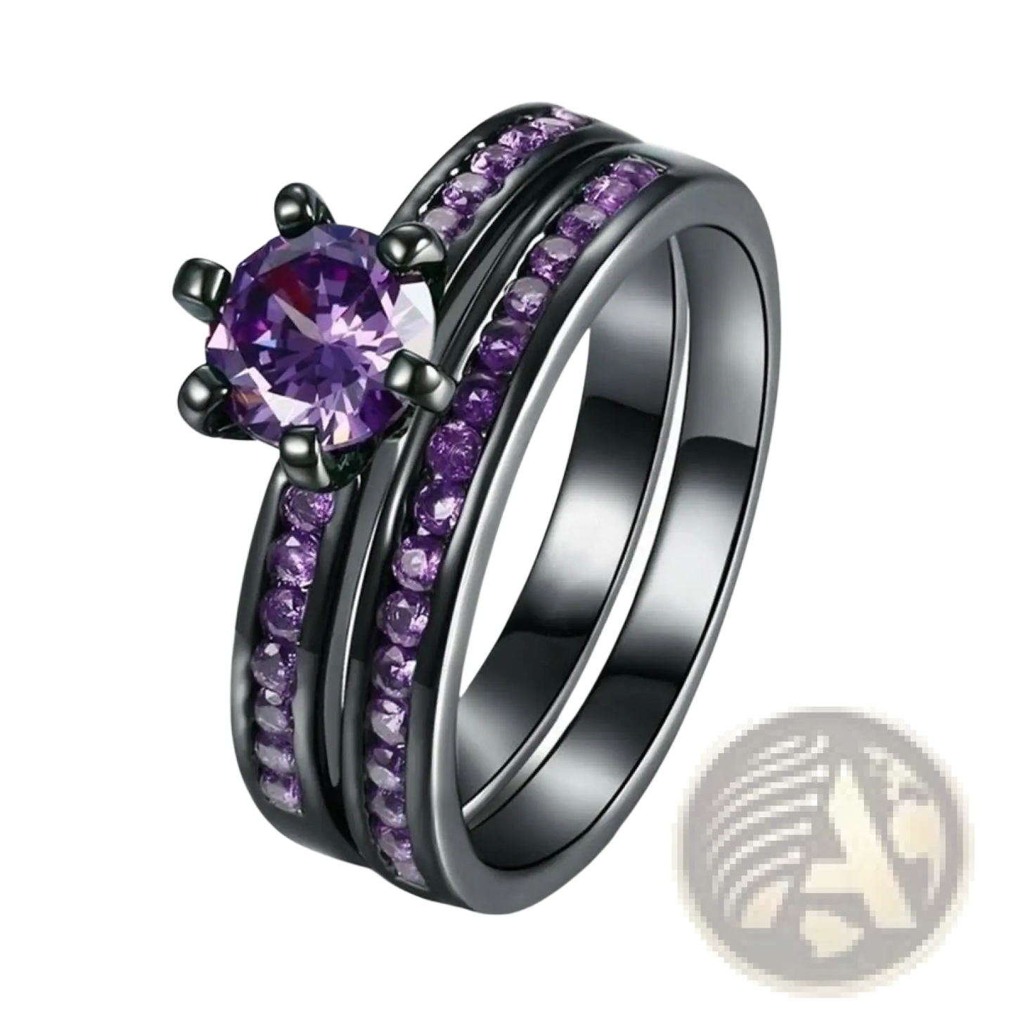 Black Tungsten and Purple Gemstone Wedding Band Set