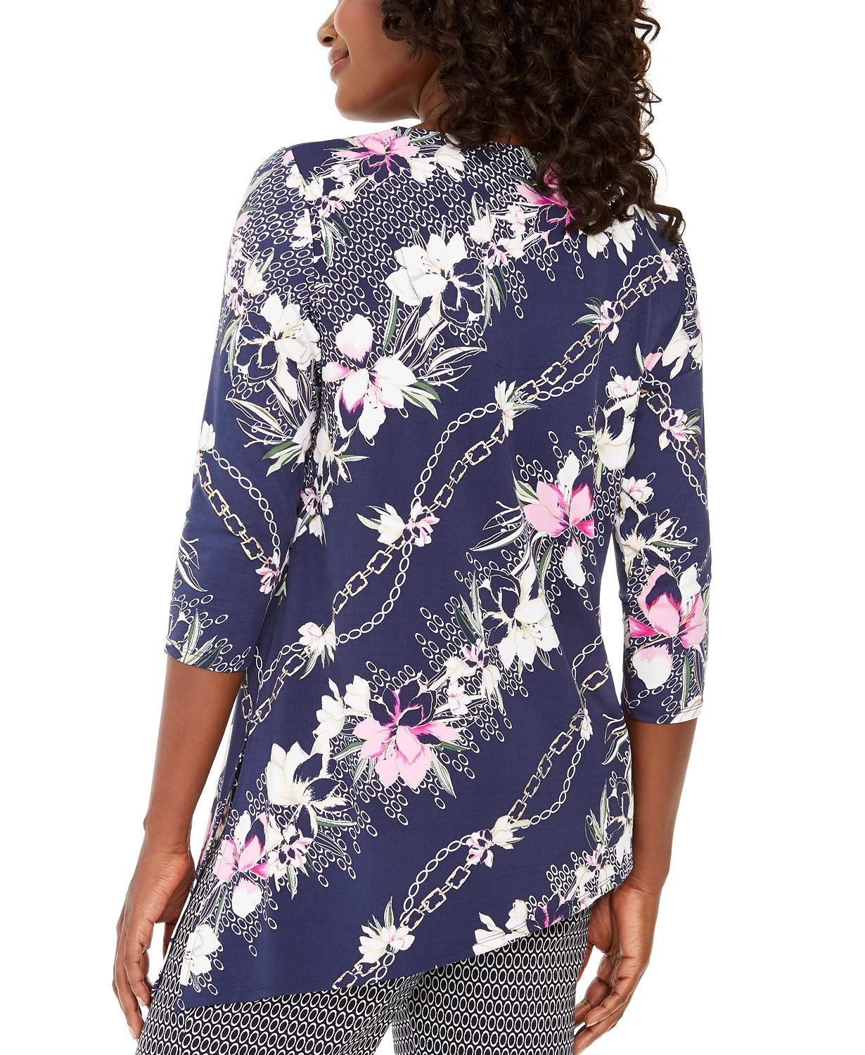 JM Collection Women's Asymmetrical Printed Top Navy Size X-Small