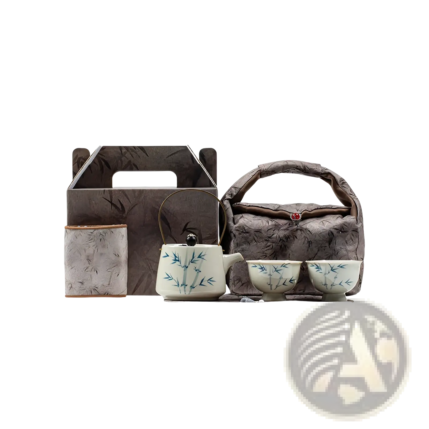 Blue Bamboo Ceramic Teapot Set with Two Cups