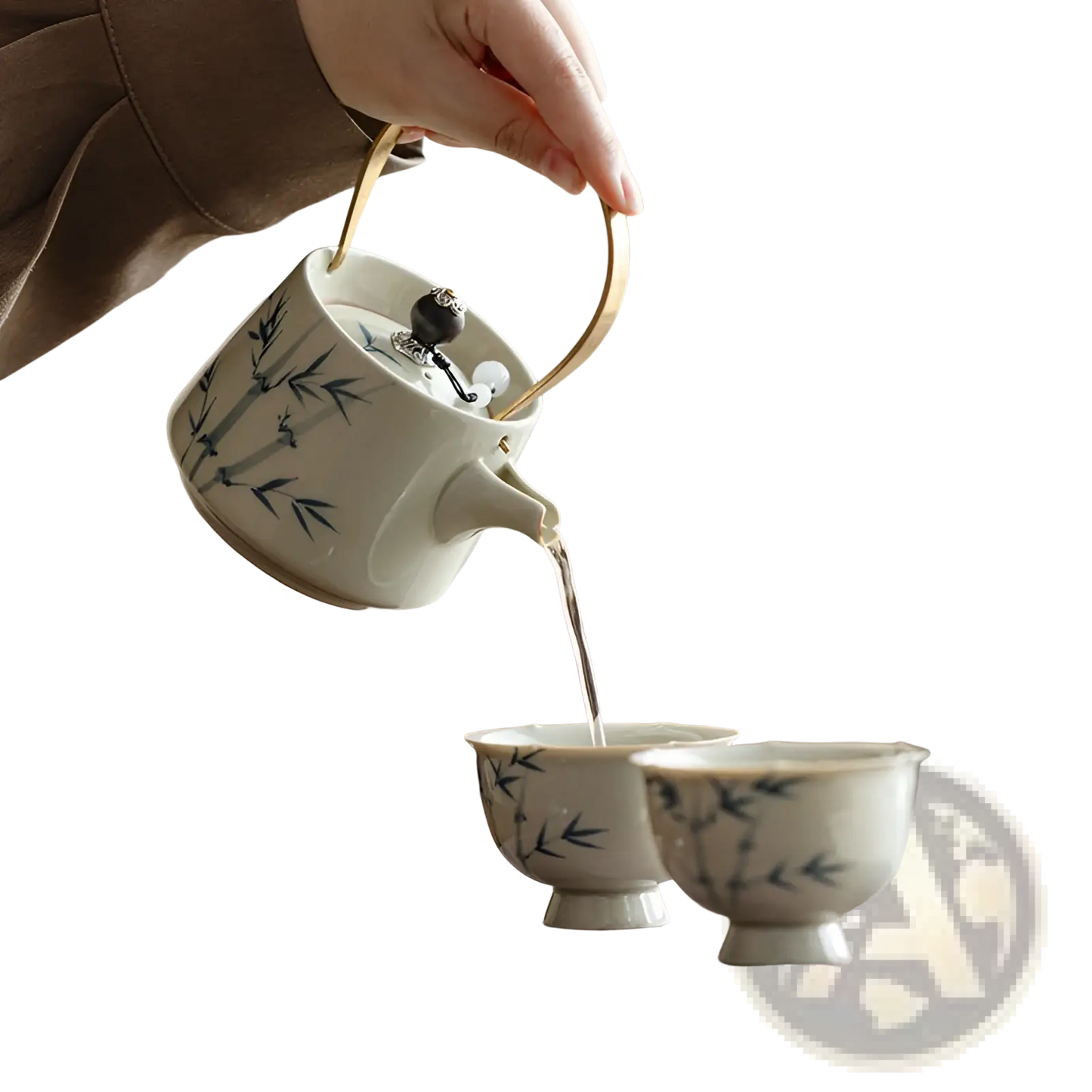 Blue Bamboo Ceramic Teapot Set with Two Cups