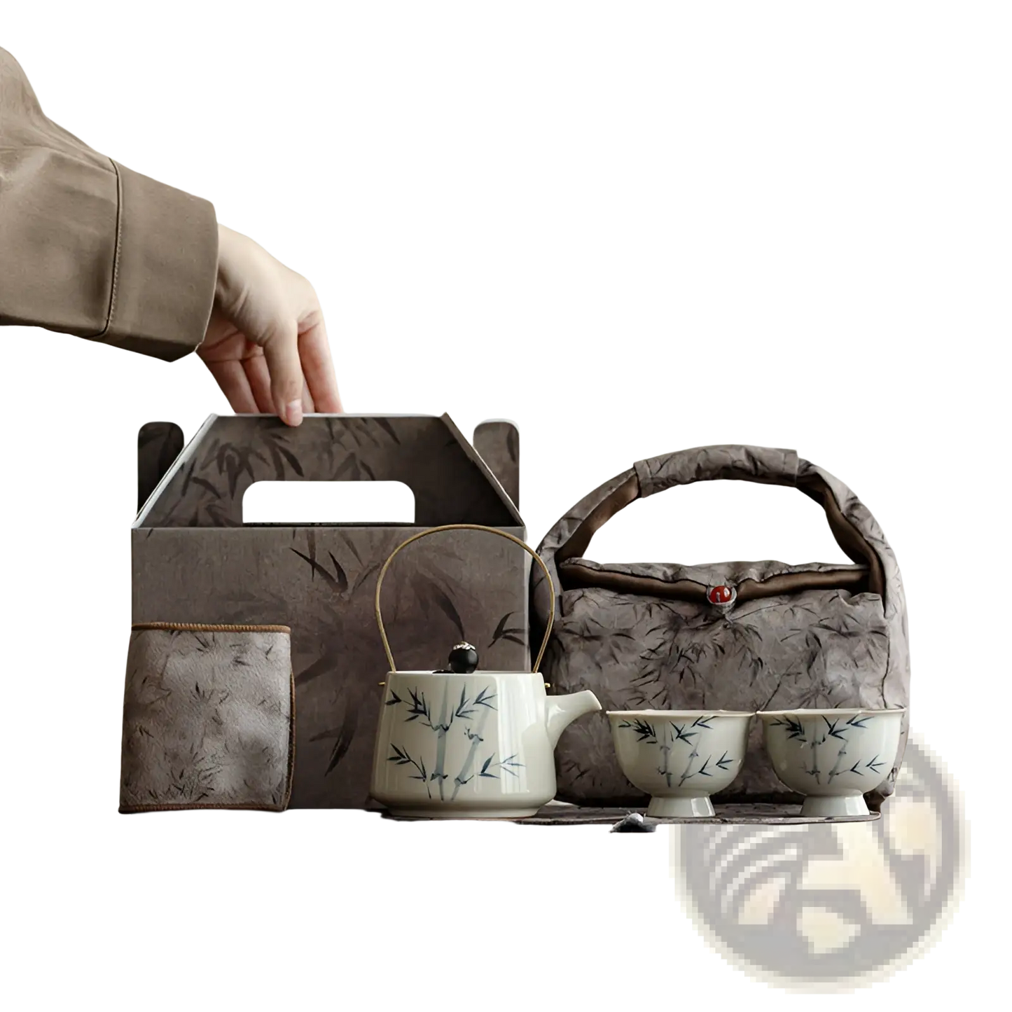 Blue Bamboo Ceramic Teapot Set with Two Cups