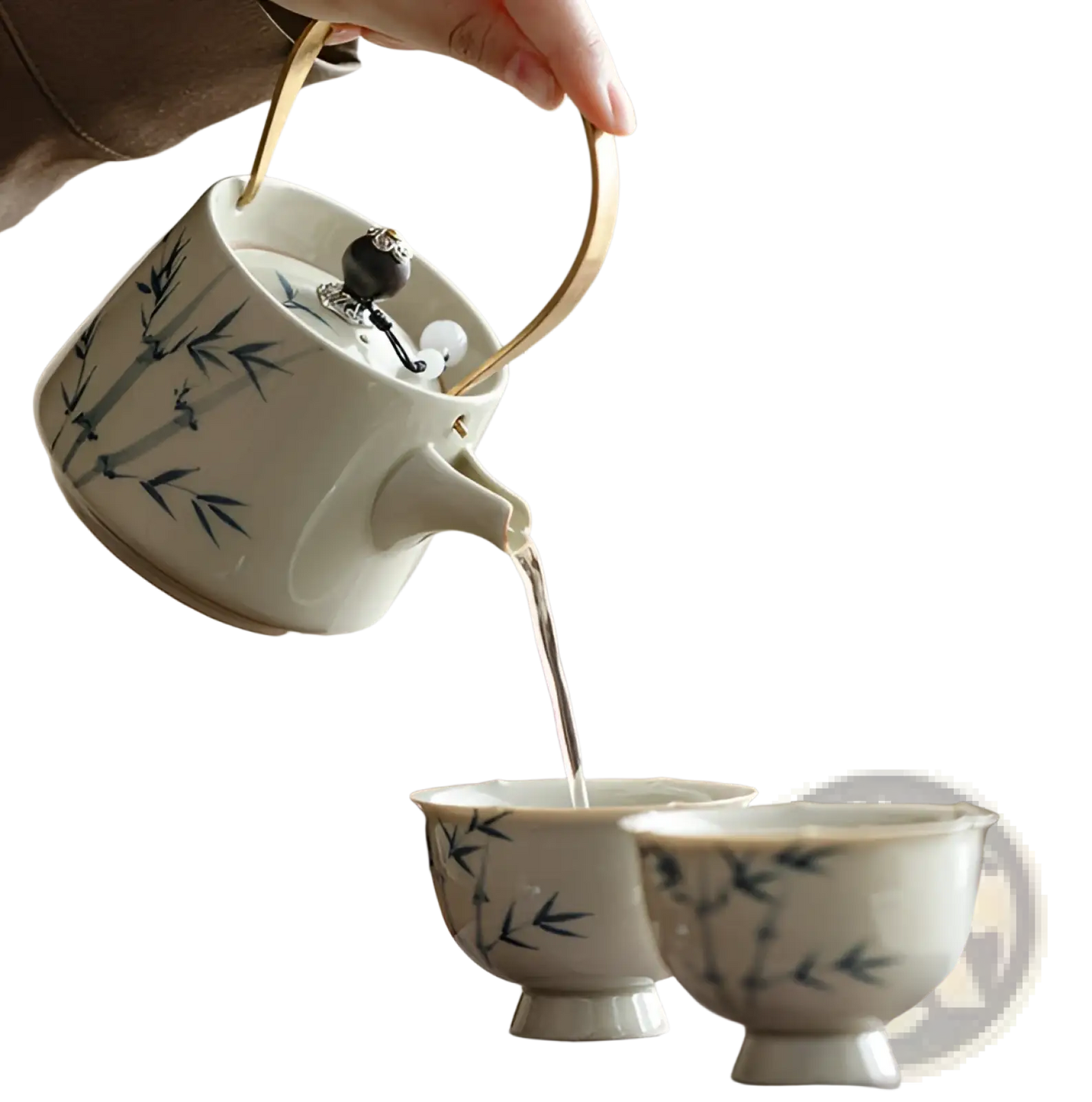 Blue Bamboo Ceramic Teapot Set with Two Cups