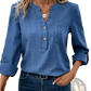 Blue Denim Button Up v Neck Blouse with Pockets