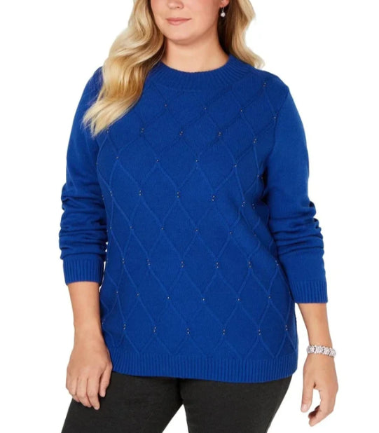 Karen Scott Women's Beaded Cable Mock Neck Sweater Blue Size Extra Small