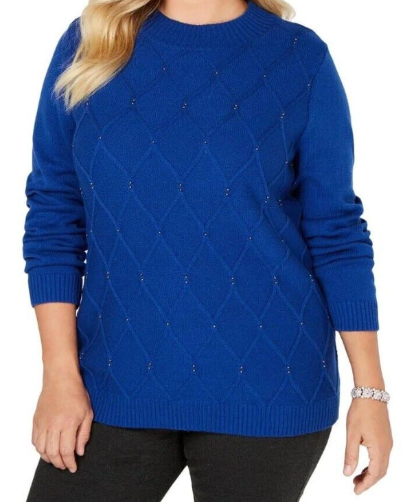 Karen Scott Women's Beaded Cable Mock Neck Sweater Blue Size Extra Small