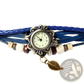 Bohemian Blue Braided Leather Leaf Charm Wrap Watch