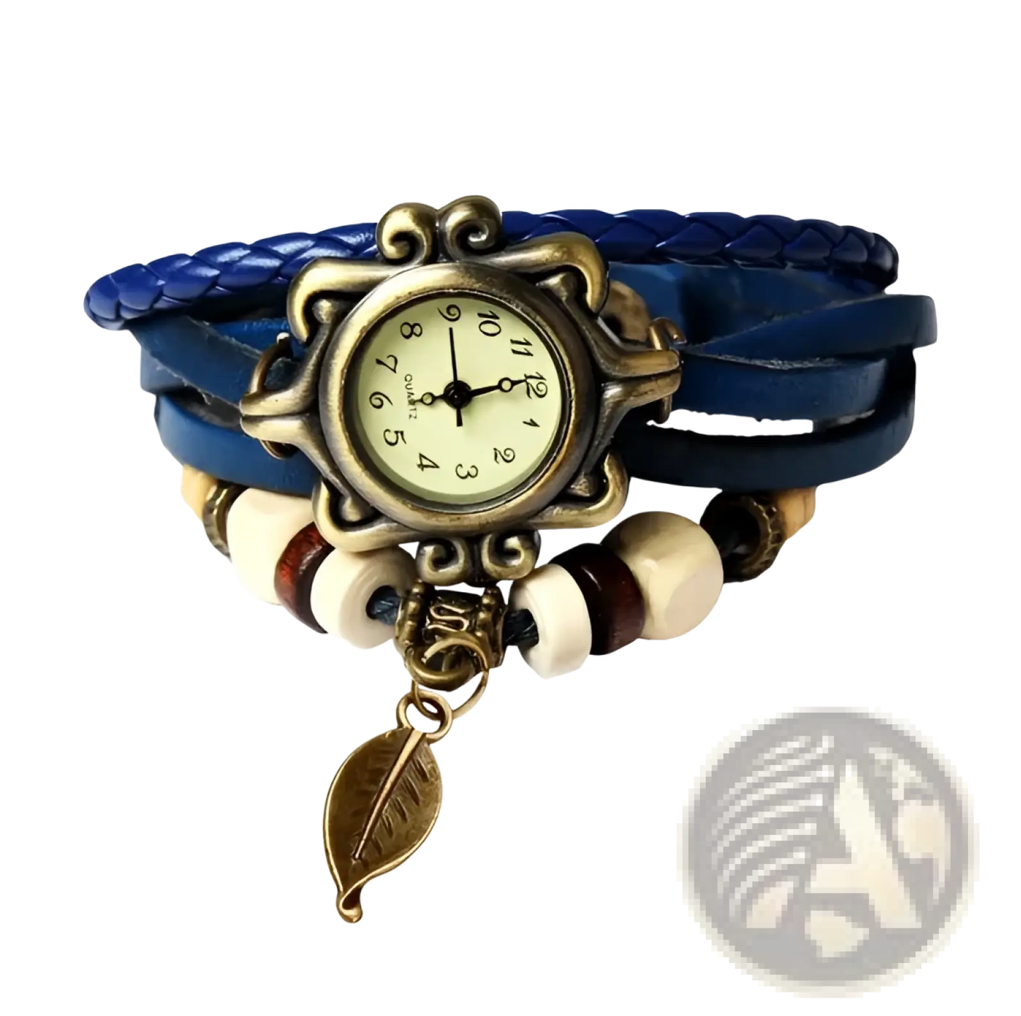 Bohemian Blue Braided Leather Leaf Charm Wrap Watch