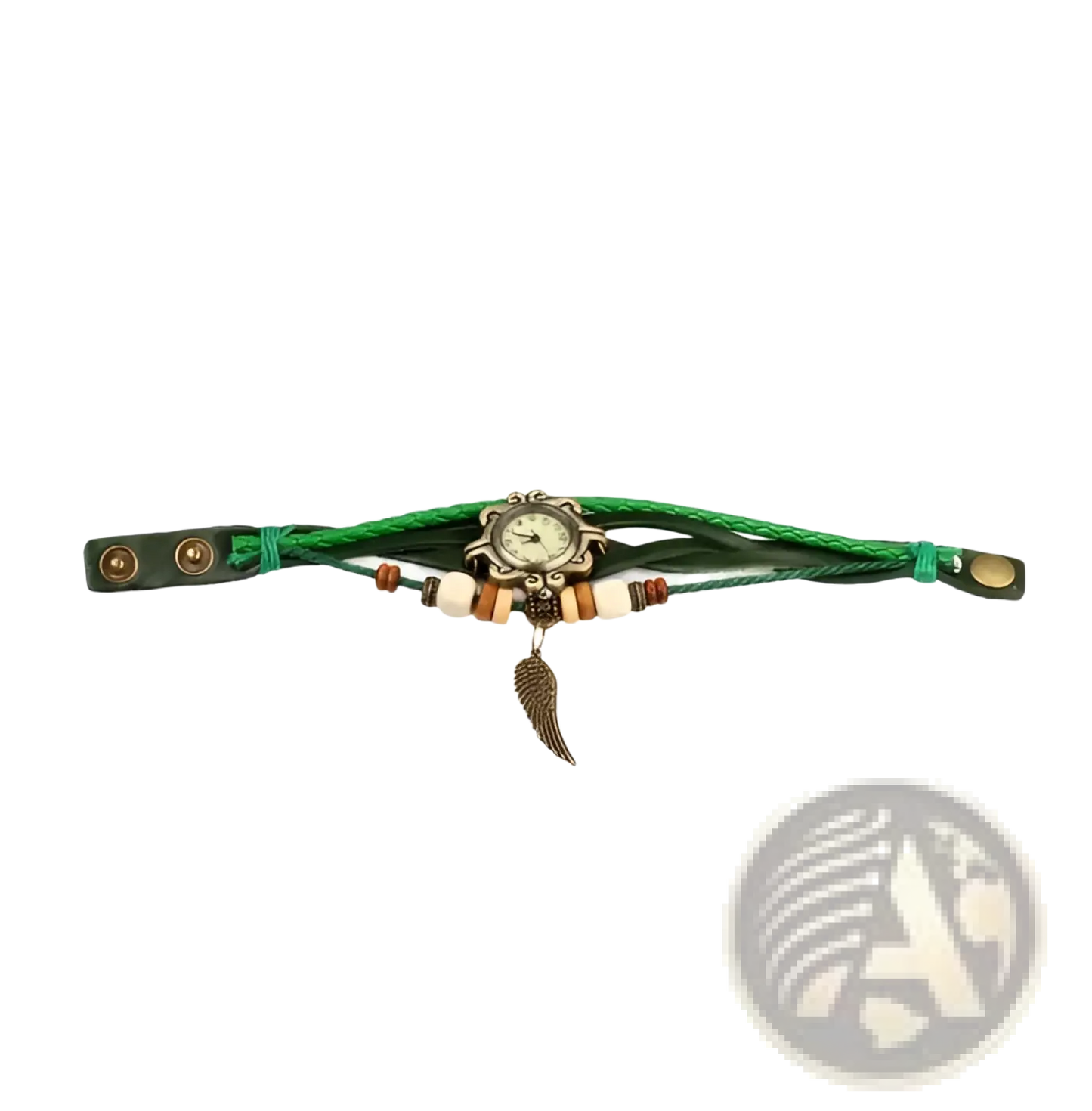 Bohemian Green Braided Leather Angel Wing Watch