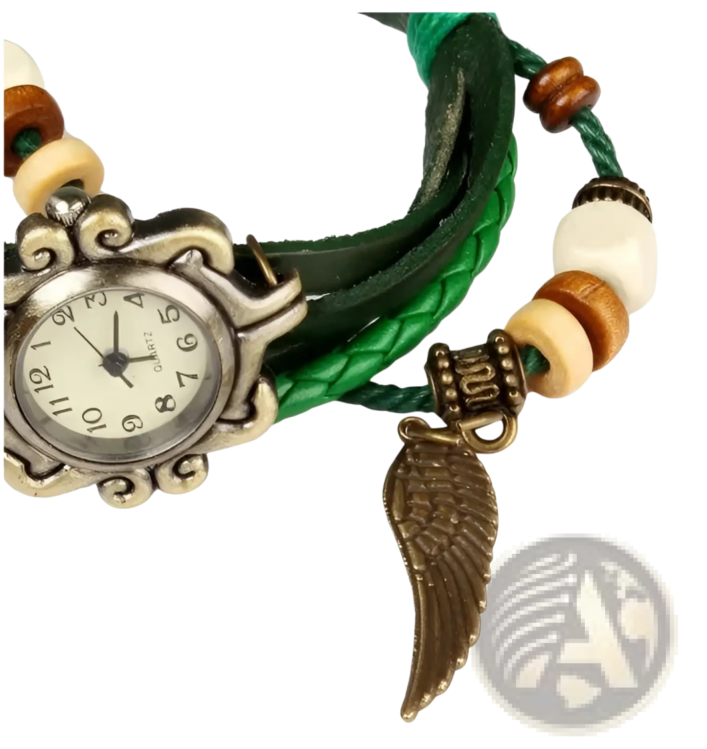 Bohemian Green Braided Leather Angel Wing Watch
