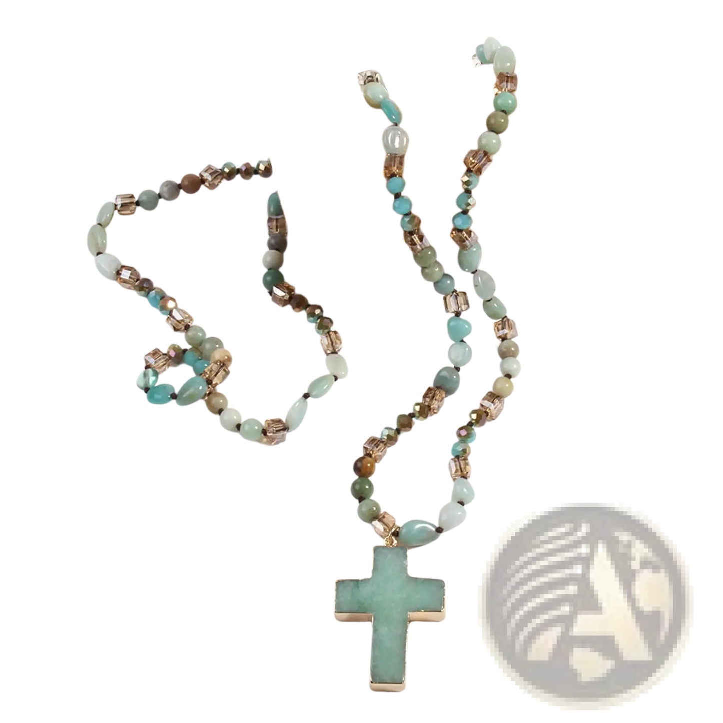 Bohemian Natural Stone and Glass Beaded Cross Necklace