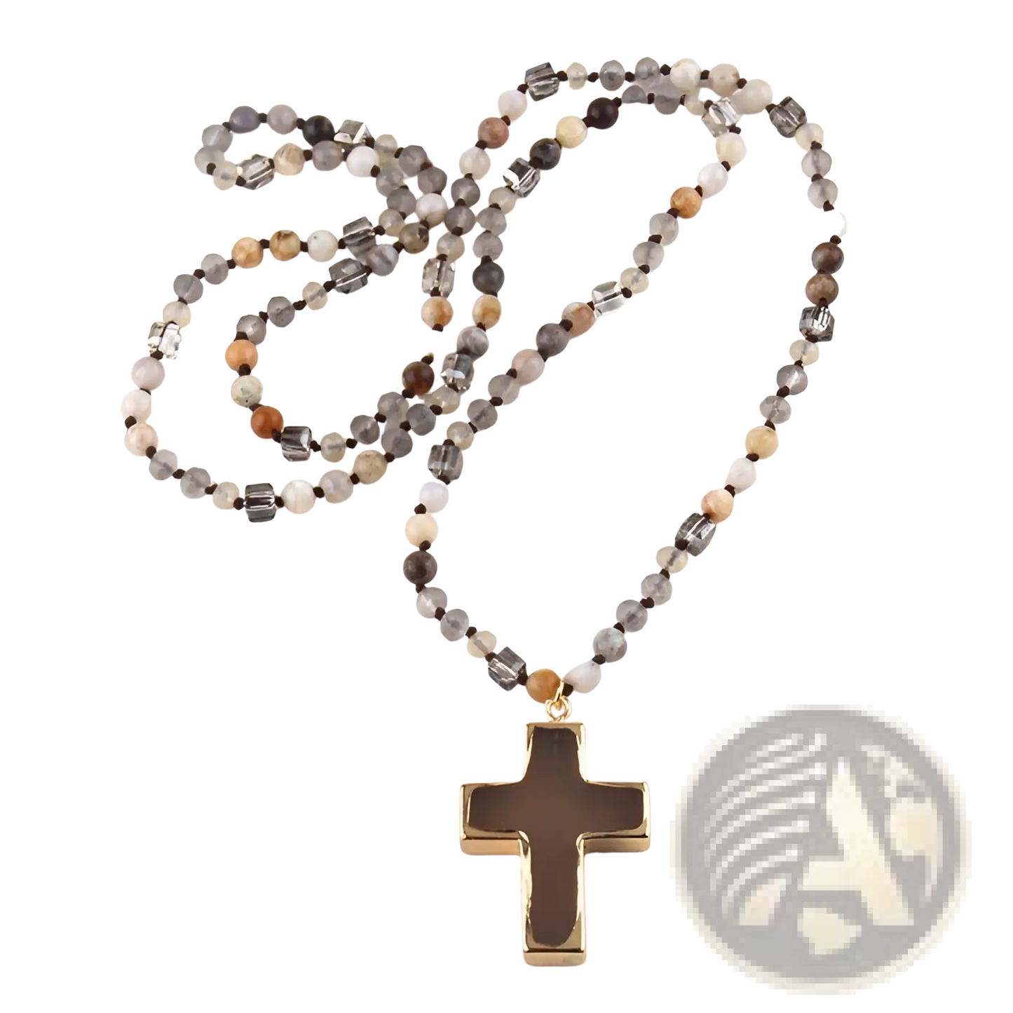 Bohemian Natural Stone and Glass Beaded Cross Necklace