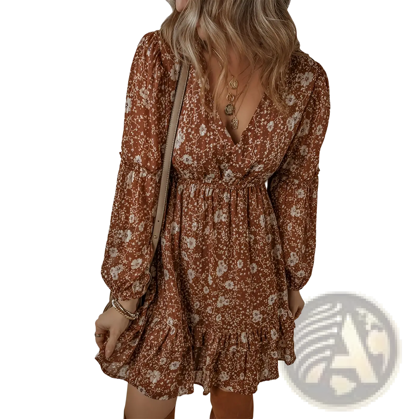 Bohemian Rust Floral Tiered Mini Dress with Puff Sleeves