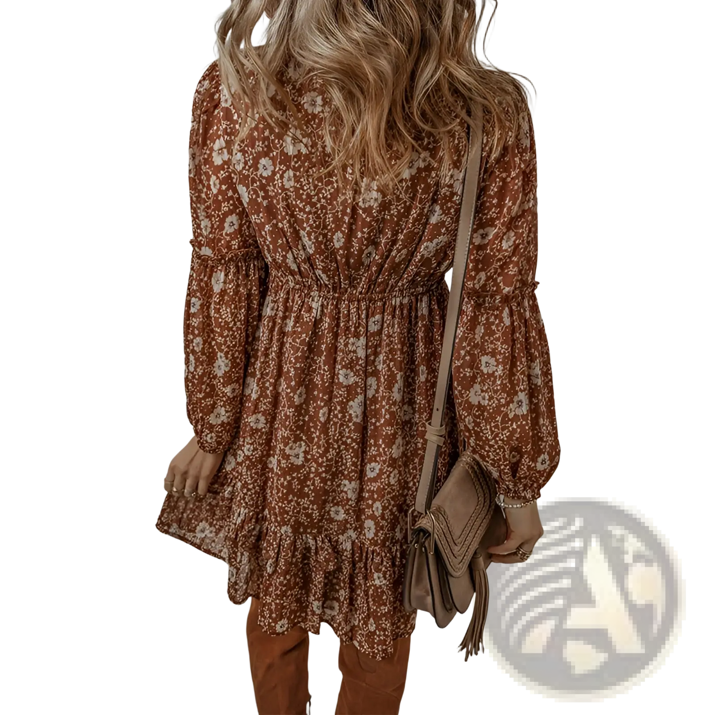 Bohemian Rust Floral Tiered Mini Dress with Puff Sleeves