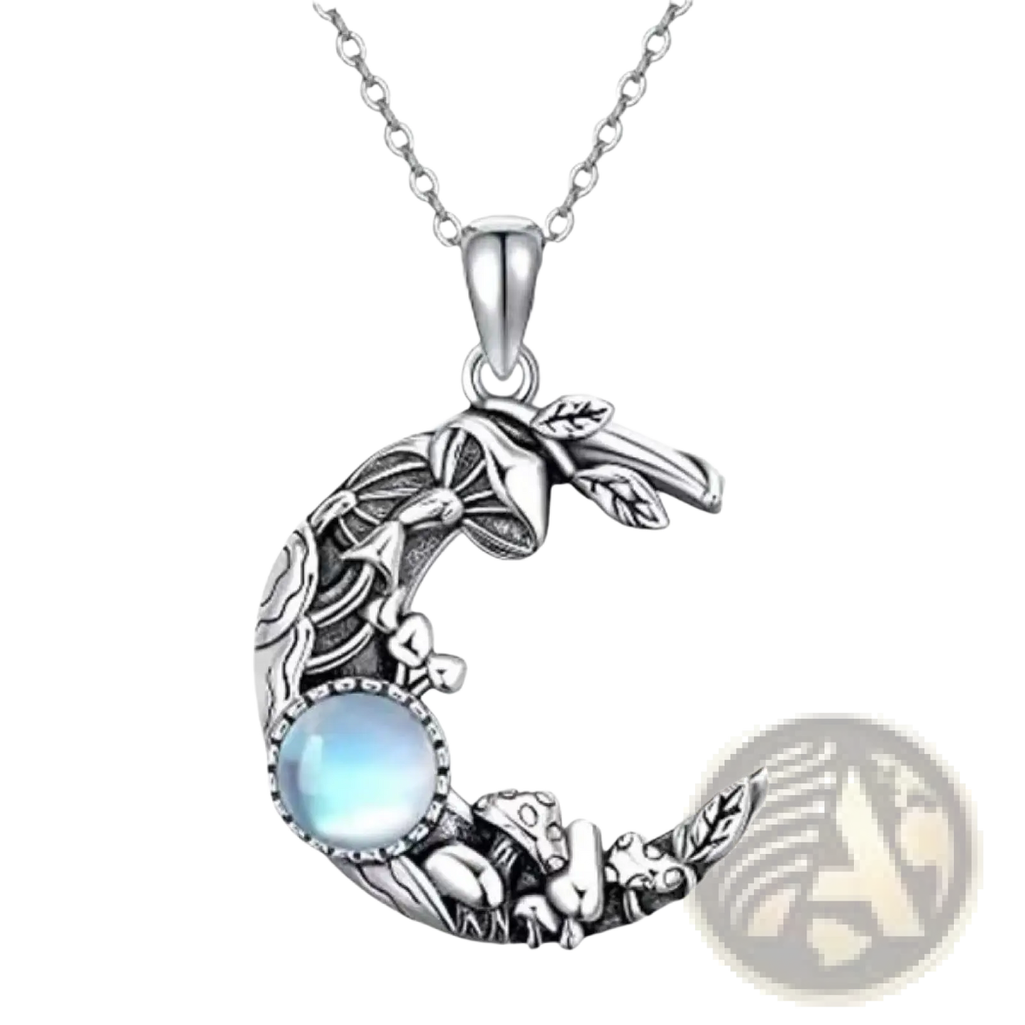 Bohemian Silver Mushroom and Moonstone Crescent Necklace