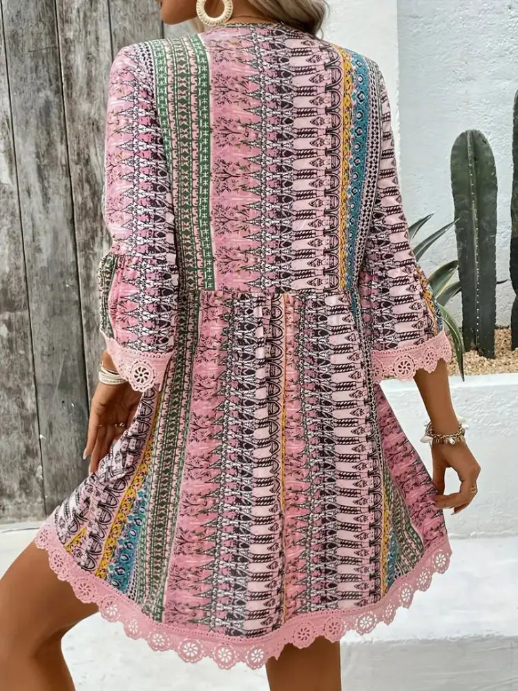 Embroidered Bohemian V-neck Lace Trim Beach Dress