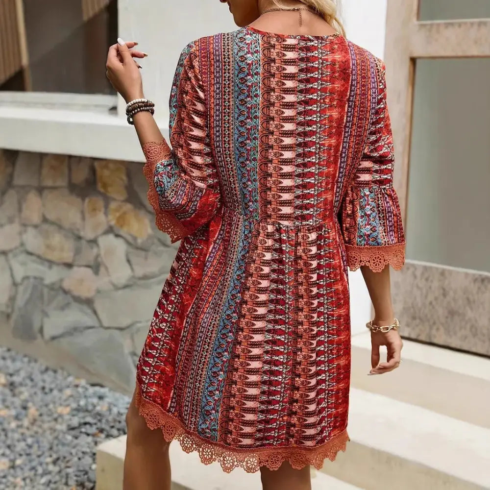 Embroidered Bohemian V-neck Lace Trim Beach Dress