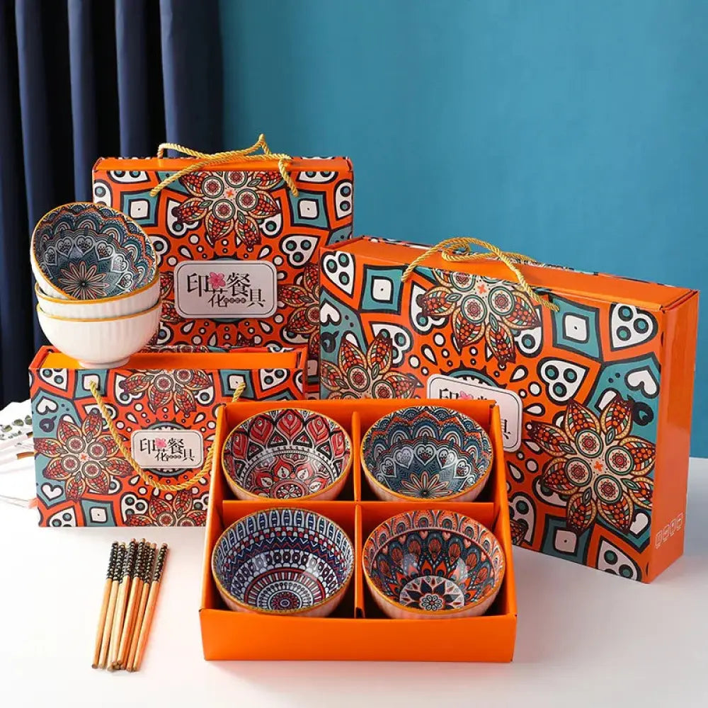 4-piece Bohemian Mandala Ceramic Bowl Gift Set