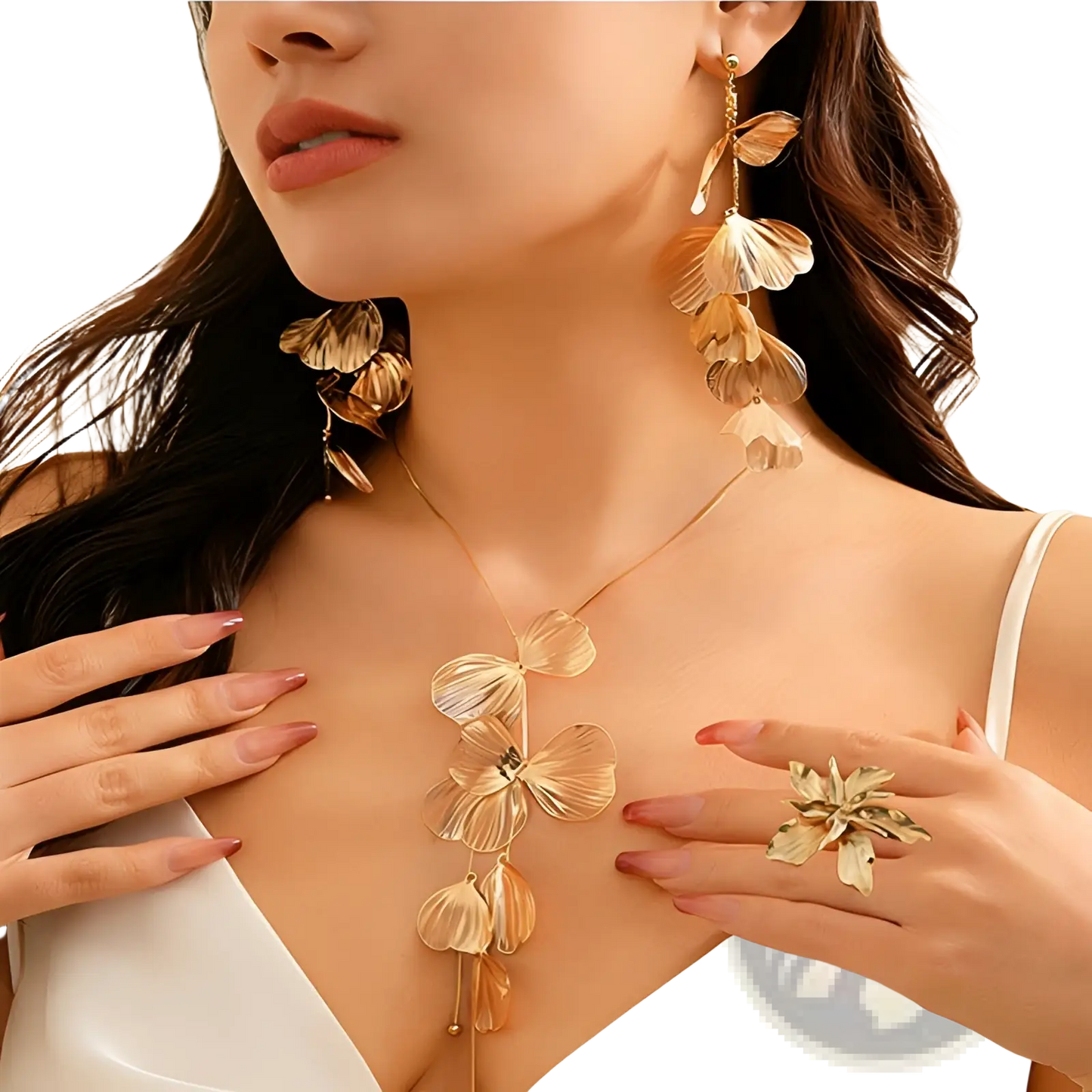 Boho Gold Ginkgo Leaf Tassel Necklace and Earring Set