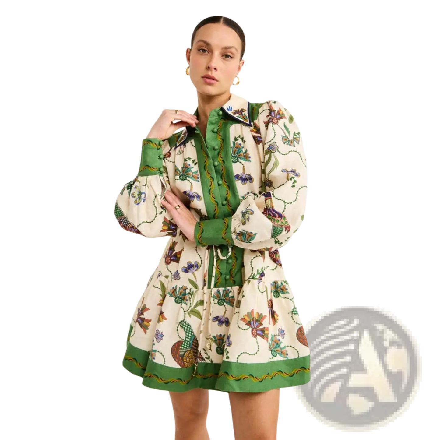 Botanical Print Puff Sleeve Midi Dress with Contrast Trim