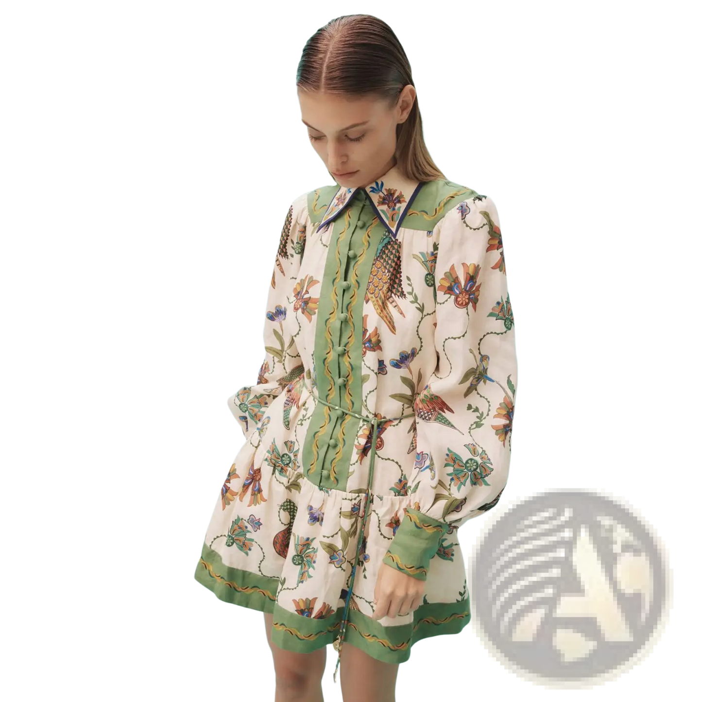 Botanical Print Puff Sleeve Midi Dress with Contrast Trim