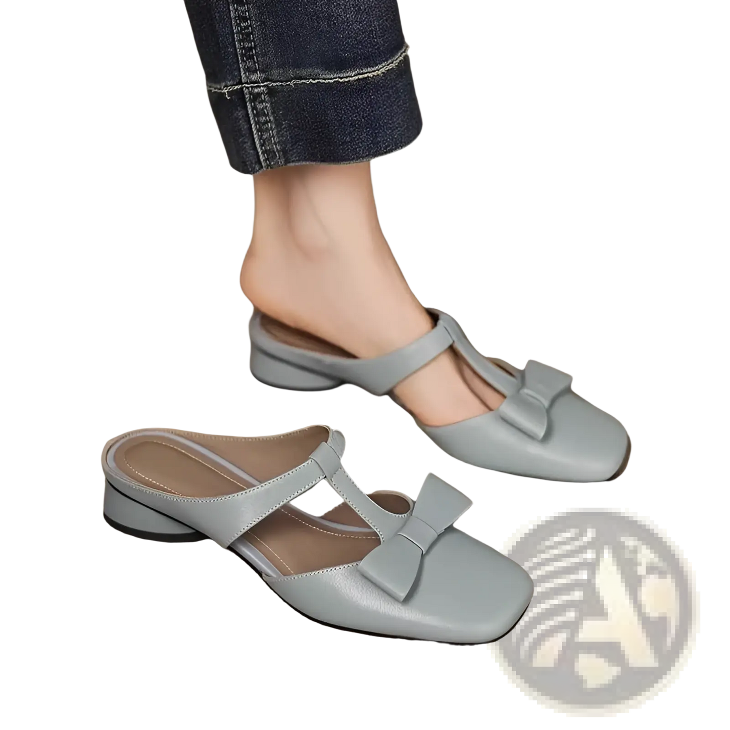 Bow Closed Toe Leather Mule Flats for Women
