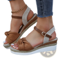 Bow Wedge Sandals with Woven Rope Sole and Buckle Strap