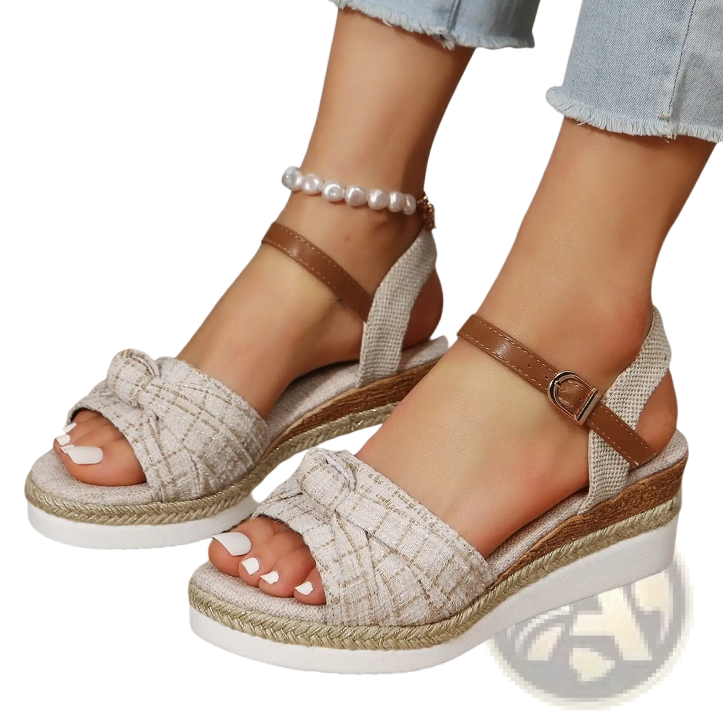 Bow Wedge Sandals with Woven Rope Sole and Buckle Strap