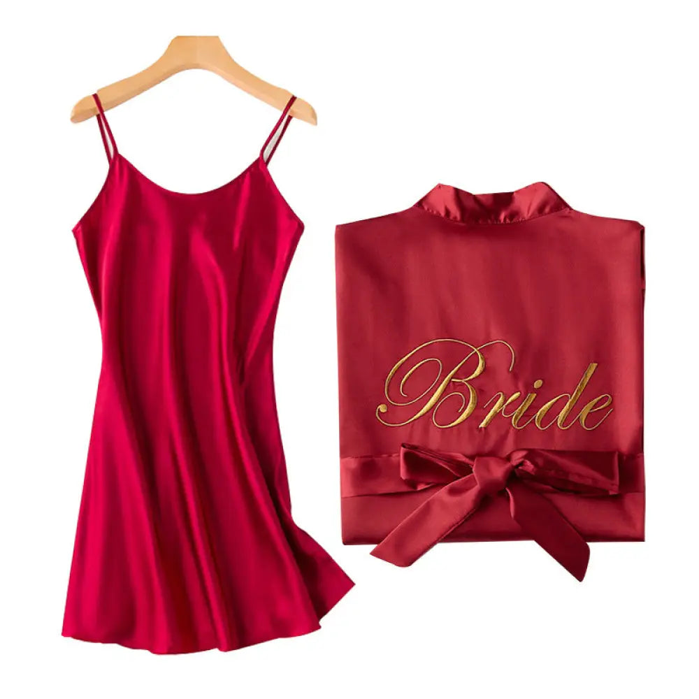 Embroidered Satin Bridal Nightgown and Robe Set