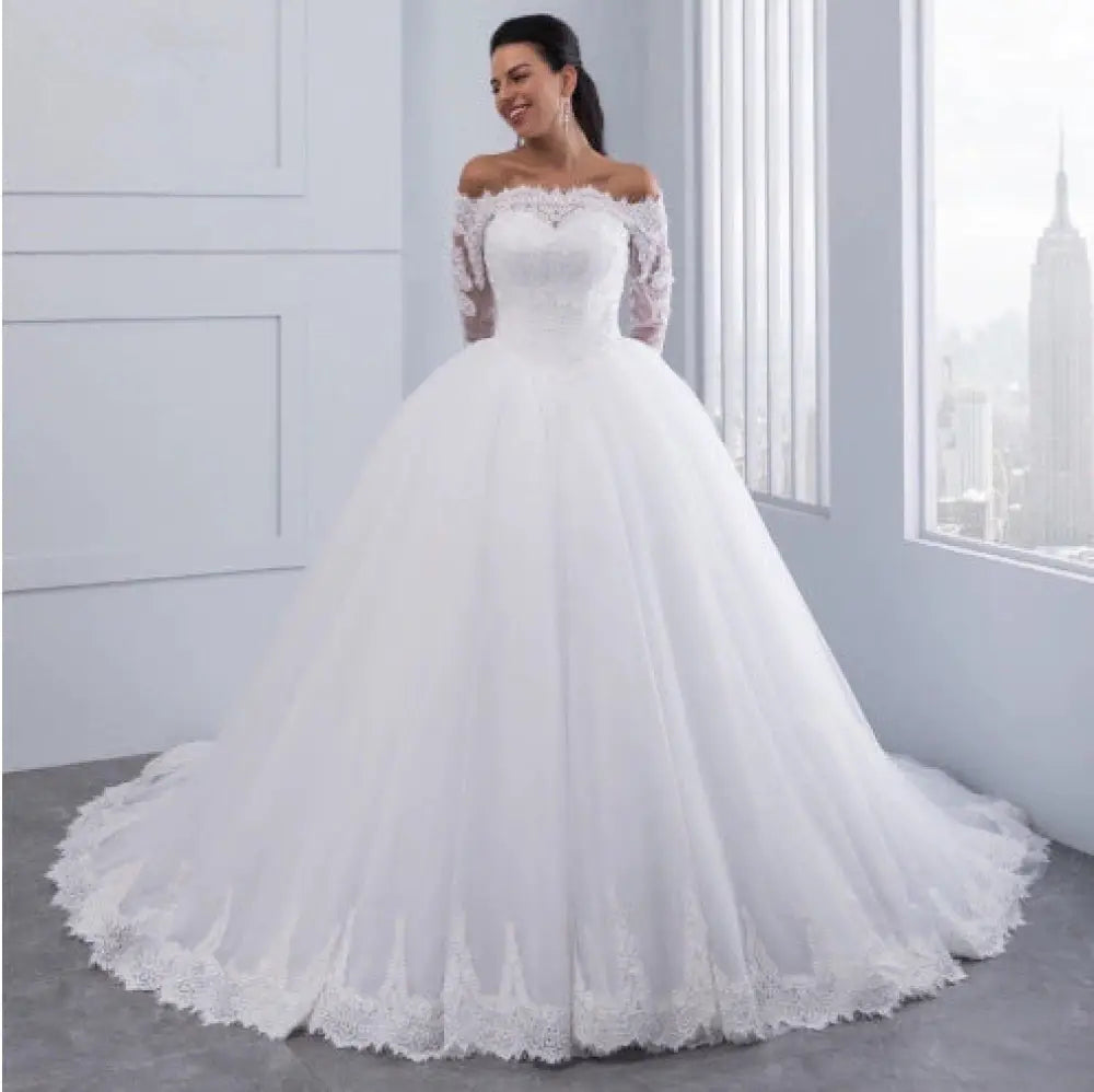 Off-the-shoulder Lace Wedding Gown with Long Train