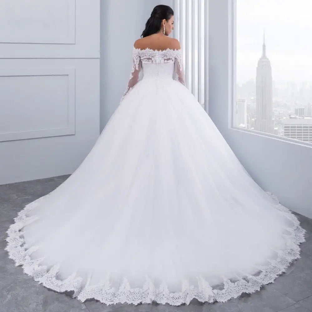 Off-the-shoulder Lace Wedding Gown with Long Train