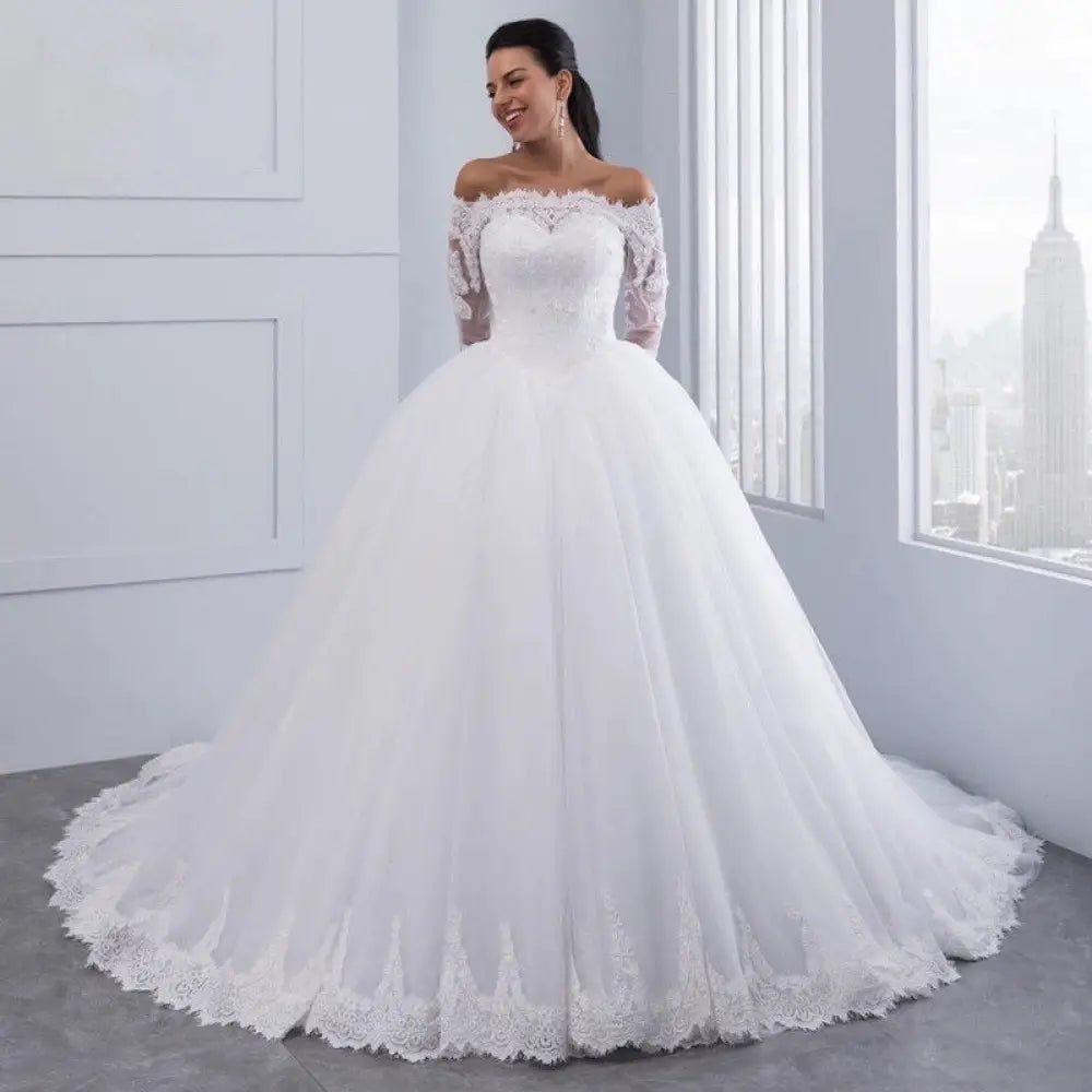 Off-the-shoulder Lace Wedding Gown with Long Train