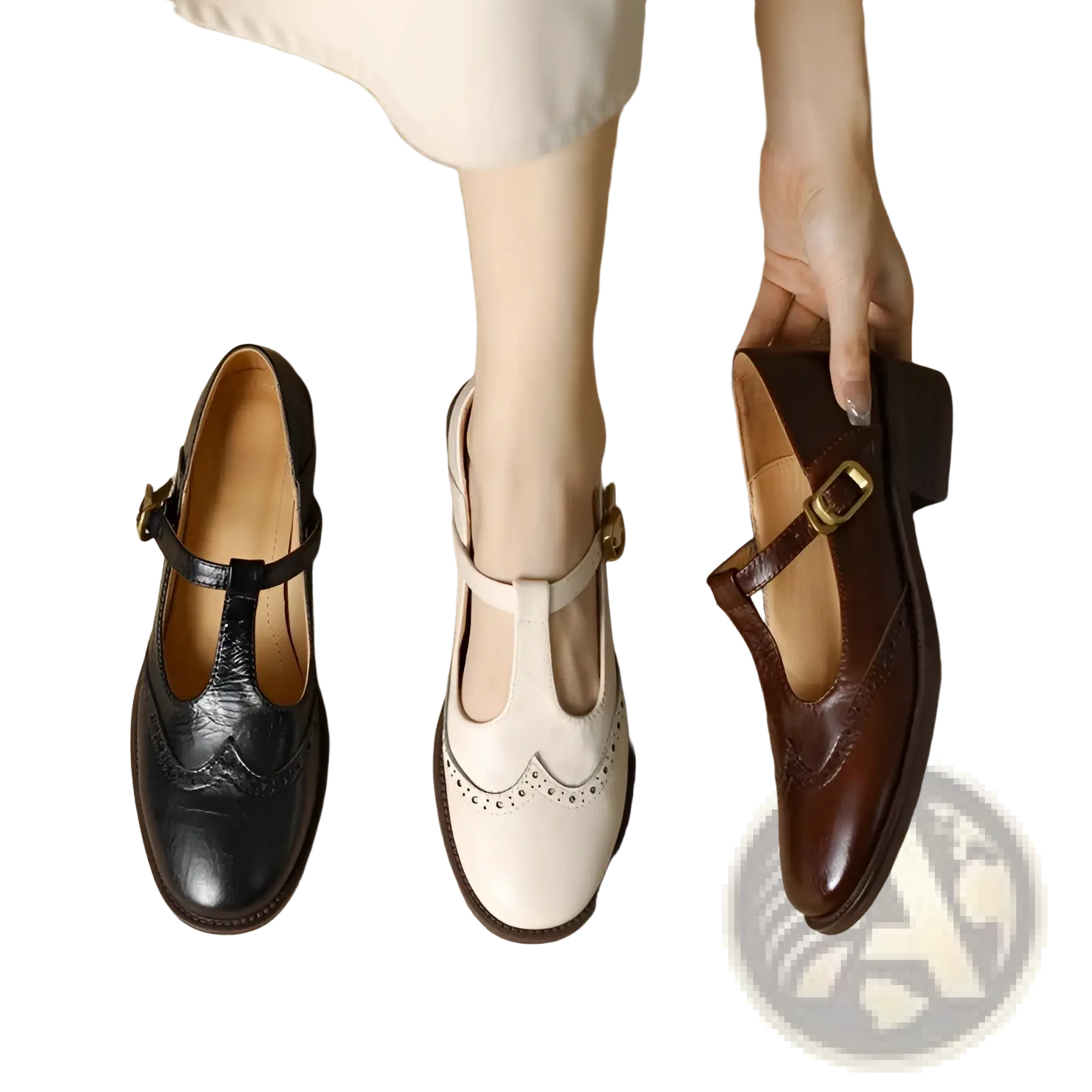 Brogue Mary Jane Chunky Heel Leather Pumps