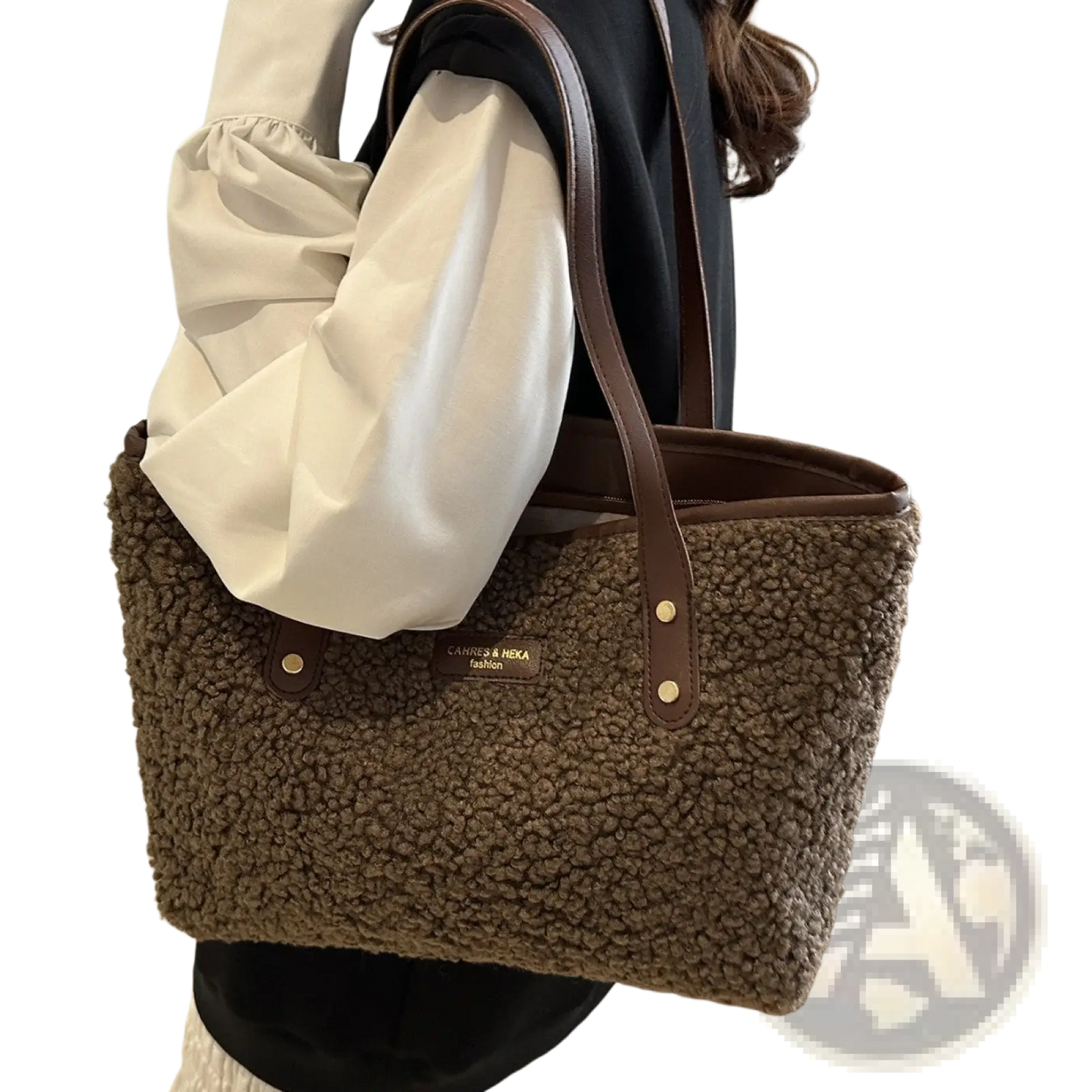 Brown Faux Fur Tote Bag with Leather Straps