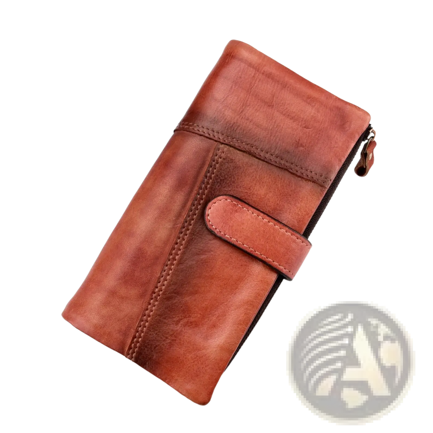 Brown Leather Long Wallet Vintage Stitching Zipper