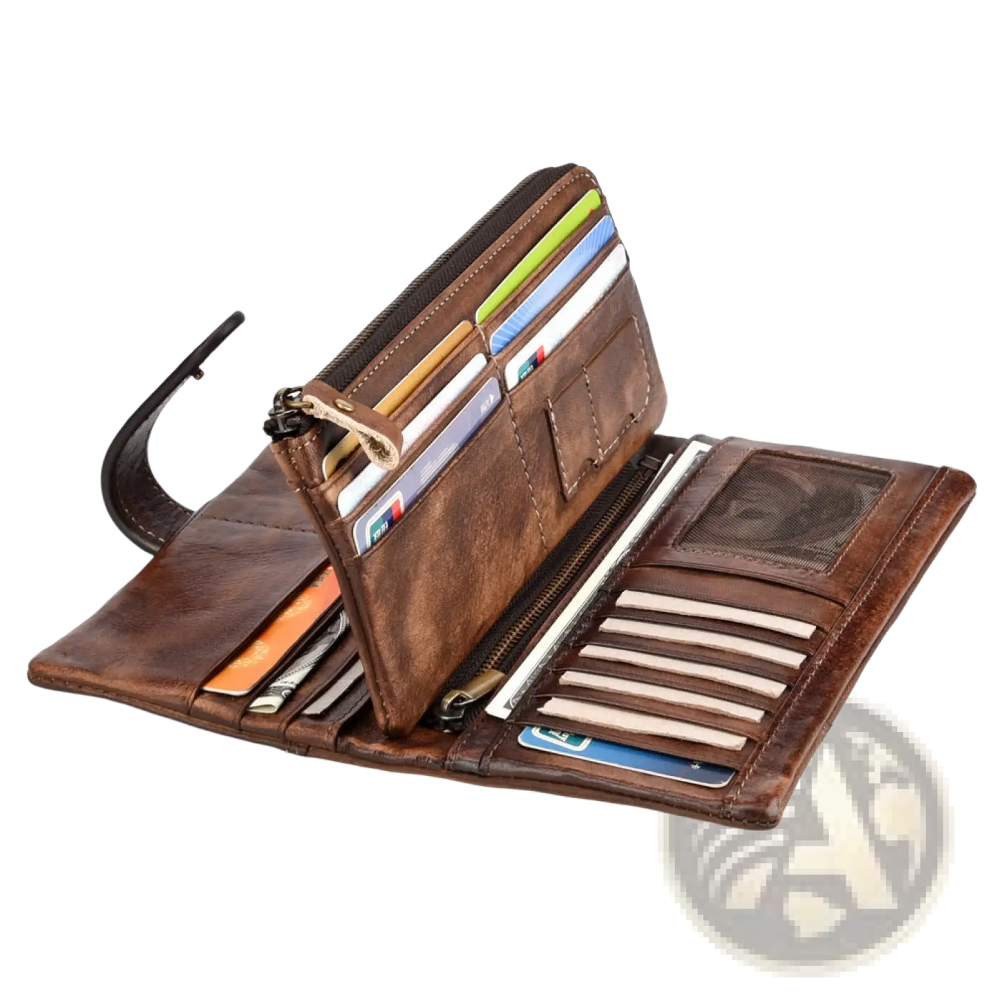 Brown Leather Long Wallet Vintage Stitching Zipper