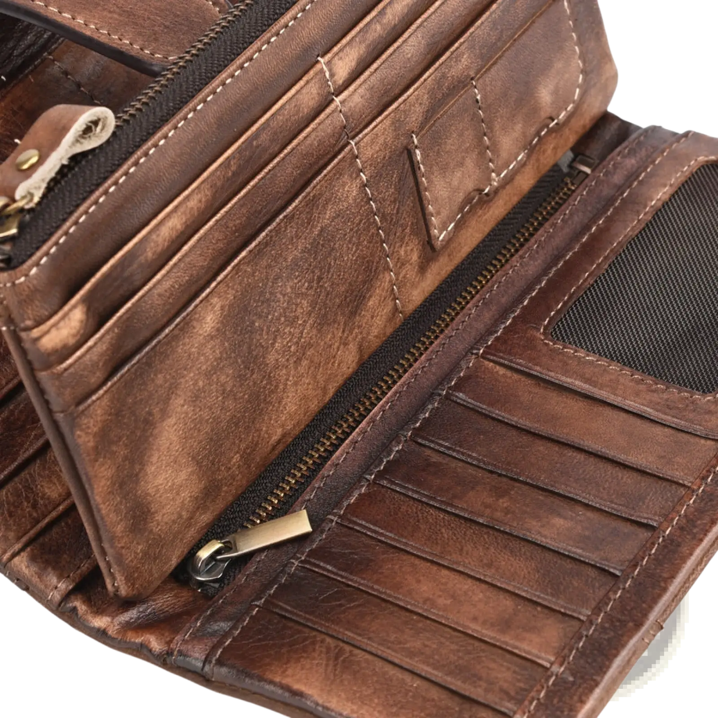 Brown Leather Long Wallet Vintage Stitching Zipper