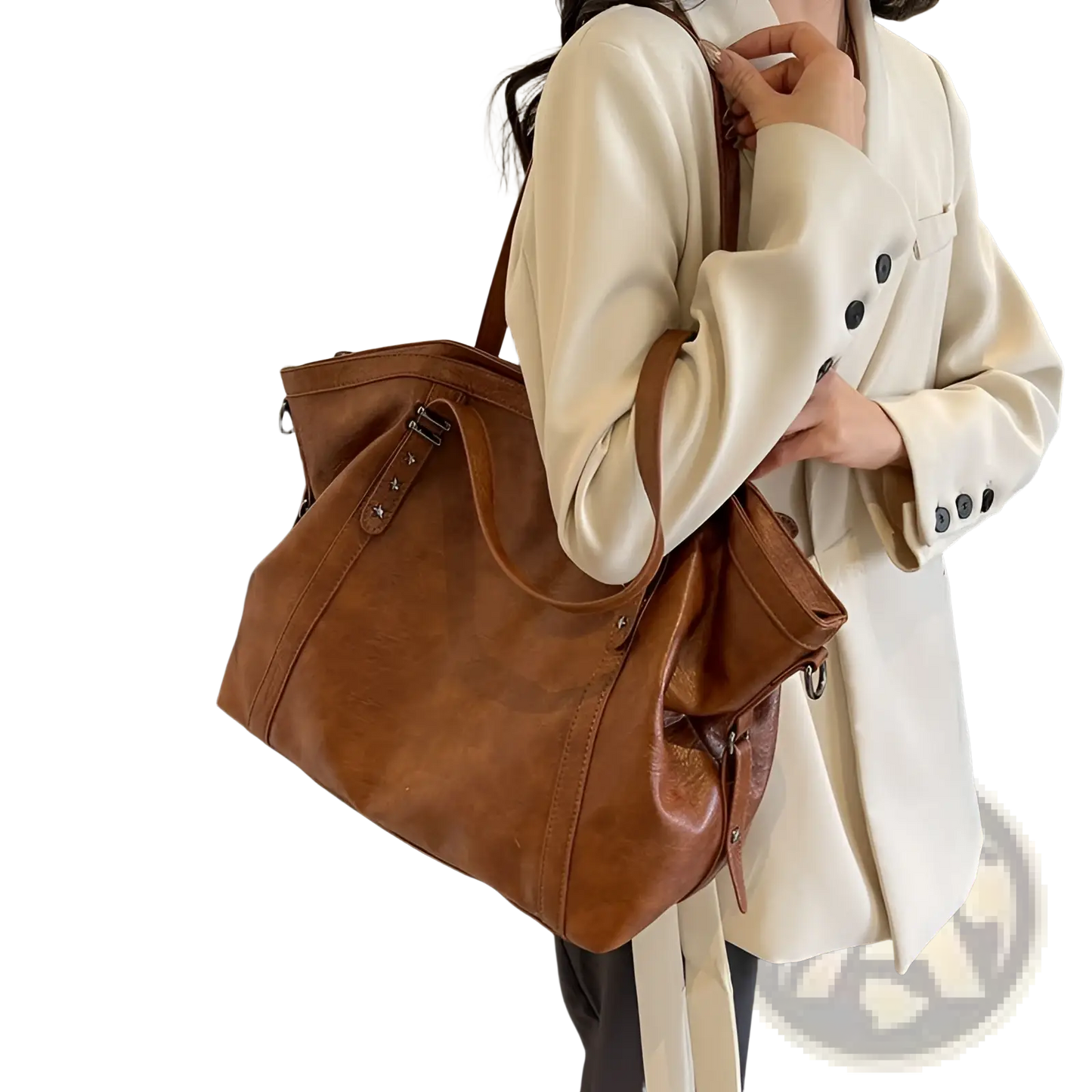 Brown Leather Star Studded Retro Messenger Bag