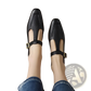 Brown Leather T-strap Square Toe Mary Jane Flats