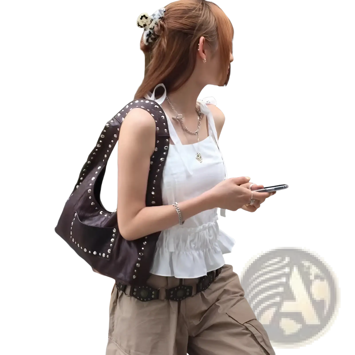 Brown Studded Leather Shoulder Bag Retro Hobo Purse
