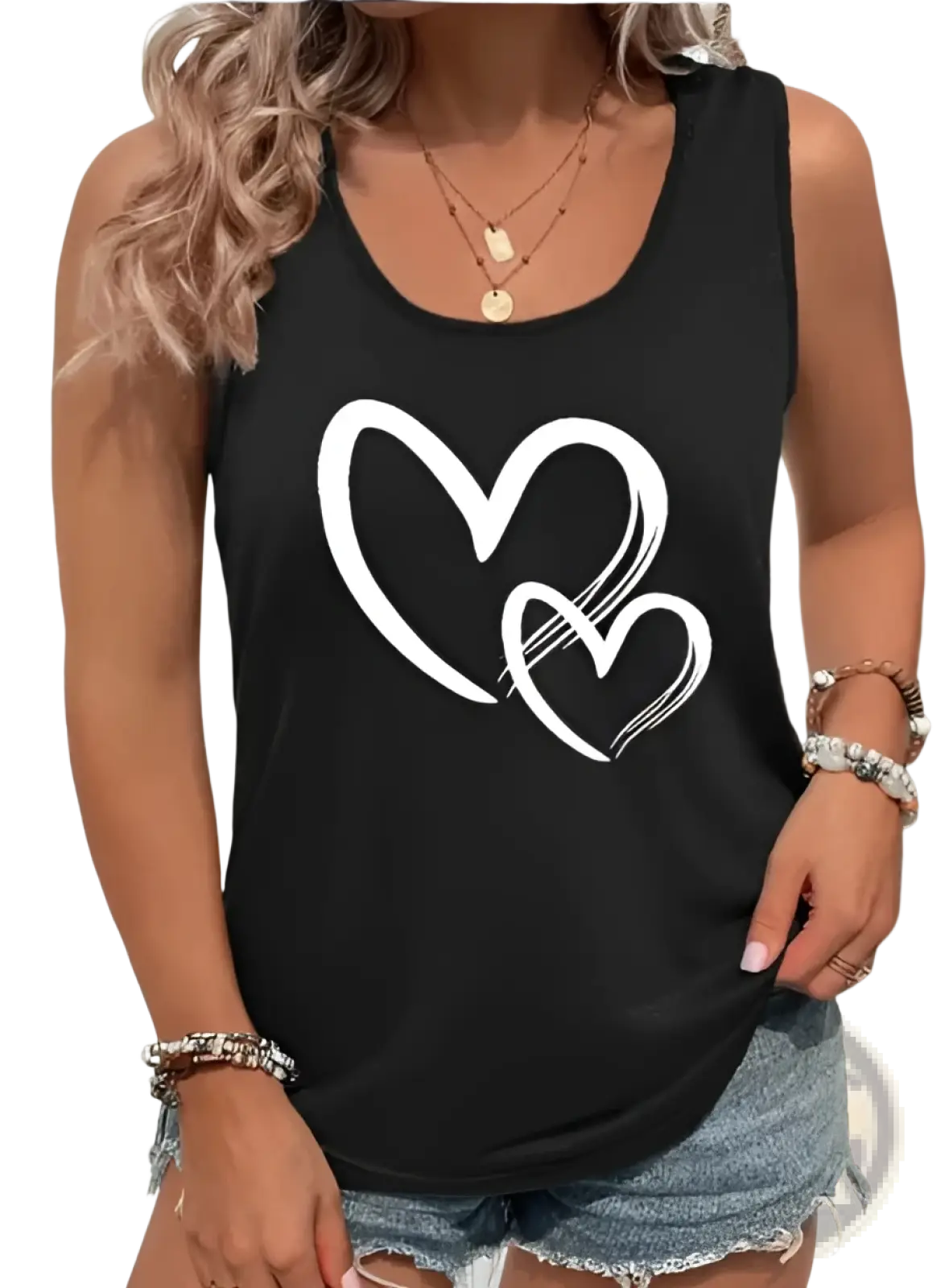 Brushstroke Heart Print Sleeveless Crew Neck Tank Top