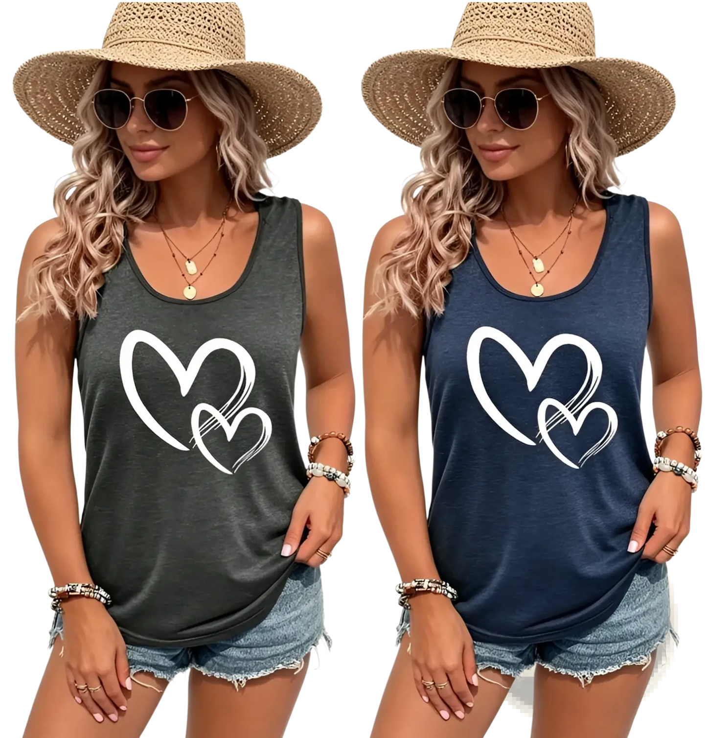 Brushstroke Heart Print Sleeveless Crew Neck Tank Top