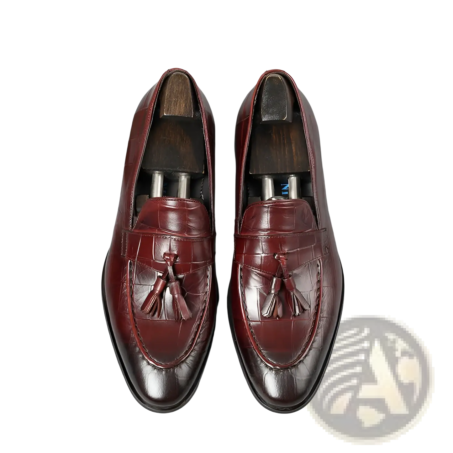 Burgundy Crocodile Embossed Leather Tassel Loafers