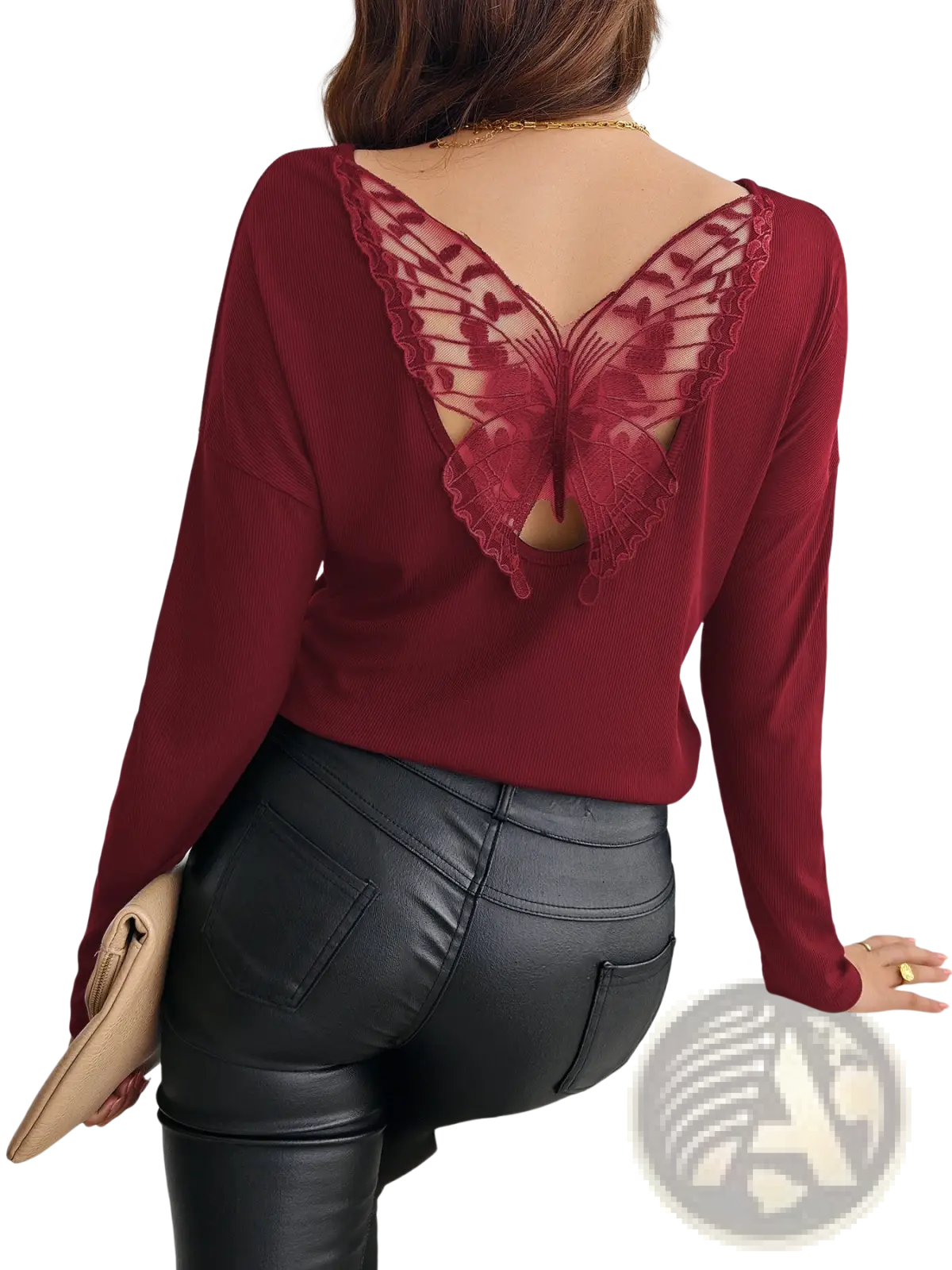 Butterfly Lace Back Ribbed Long Sleeve Top