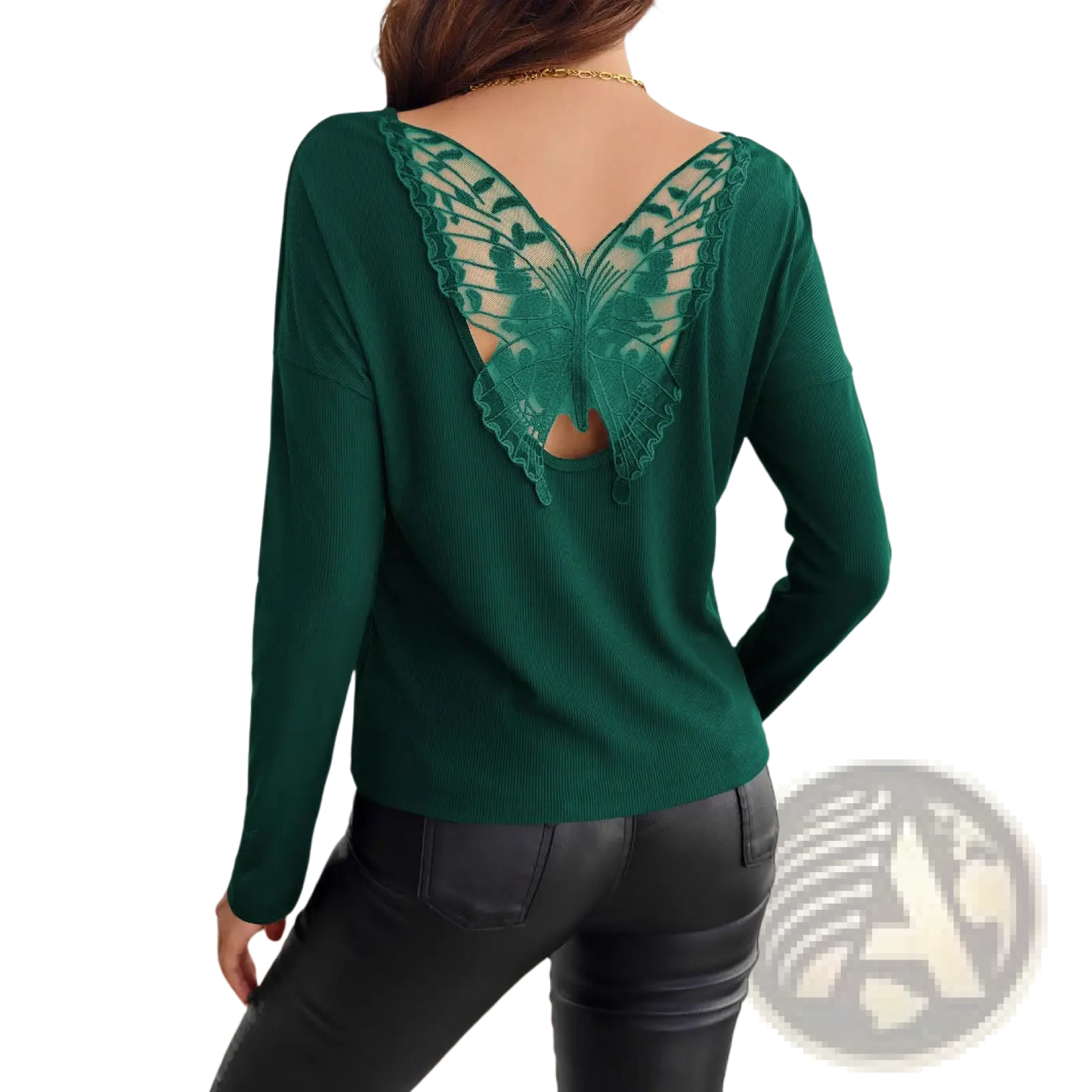 Butterfly Lace Back Ribbed Long Sleeve Top