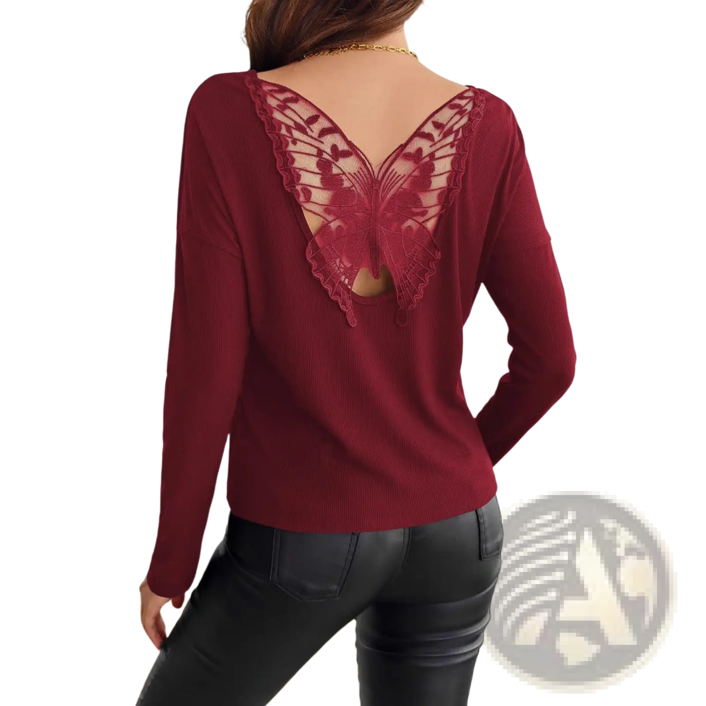 Butterfly Lace Back Ribbed Long Sleeve Top