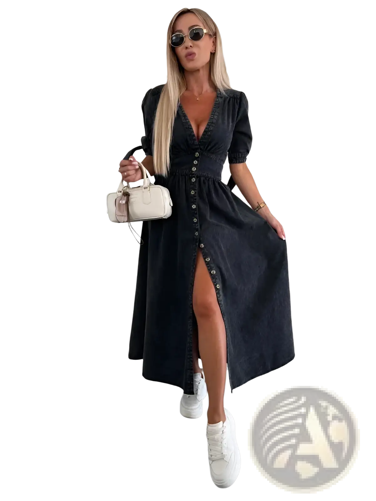 Button Front Denim Midi Dress with Puff Sleeves