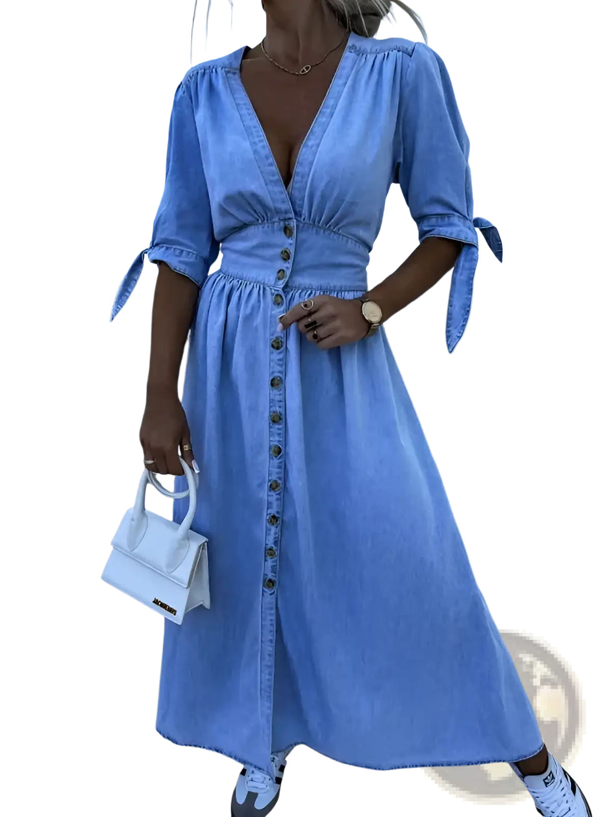 Button Front Denim Midi Dress with Puff Sleeves